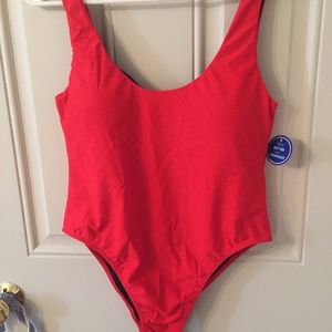 Swimsuit for All red, lifeguard-inspired one-piece